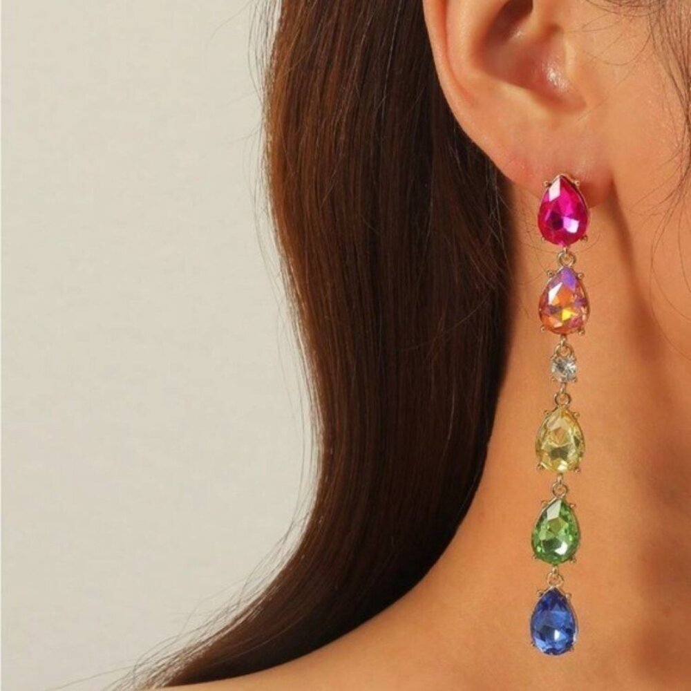 Colorful Gold-Plated Long Drop Earrings With Multicolor Teardrop Crystals & Rhin